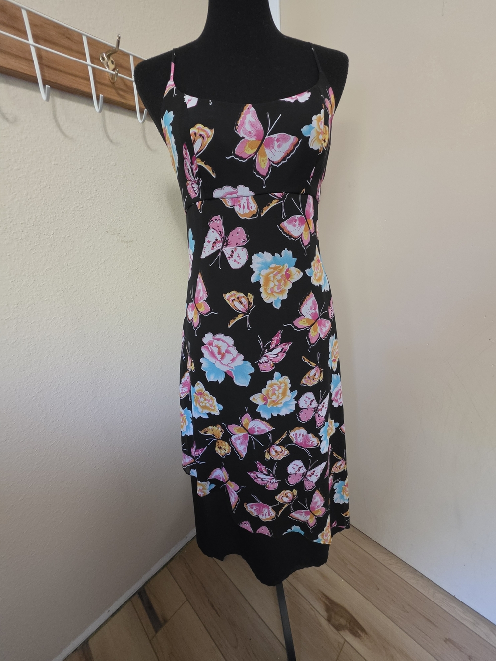 Y2K Inspired Asymmetrical Black Floral & Butterfly Slip Dress